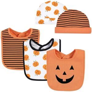 Hudson Baby Unisex Baby Cotton Bib & Headband or Caps Set Pumpkin One Size 0-6M